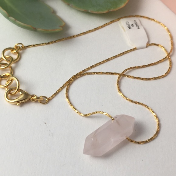 Rose Quartz Double Pointed Pendant 16” Gold Chain - Picture 2 of 8
